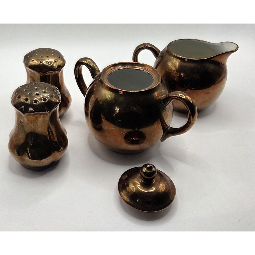 Vintage Japanese Copper Lusterware Miniature Tea Sugar Creamer Shaker Set 4pc